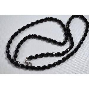 Vintage Handmade Glass Bead Necklace Small Black Faceted Beads 25"
